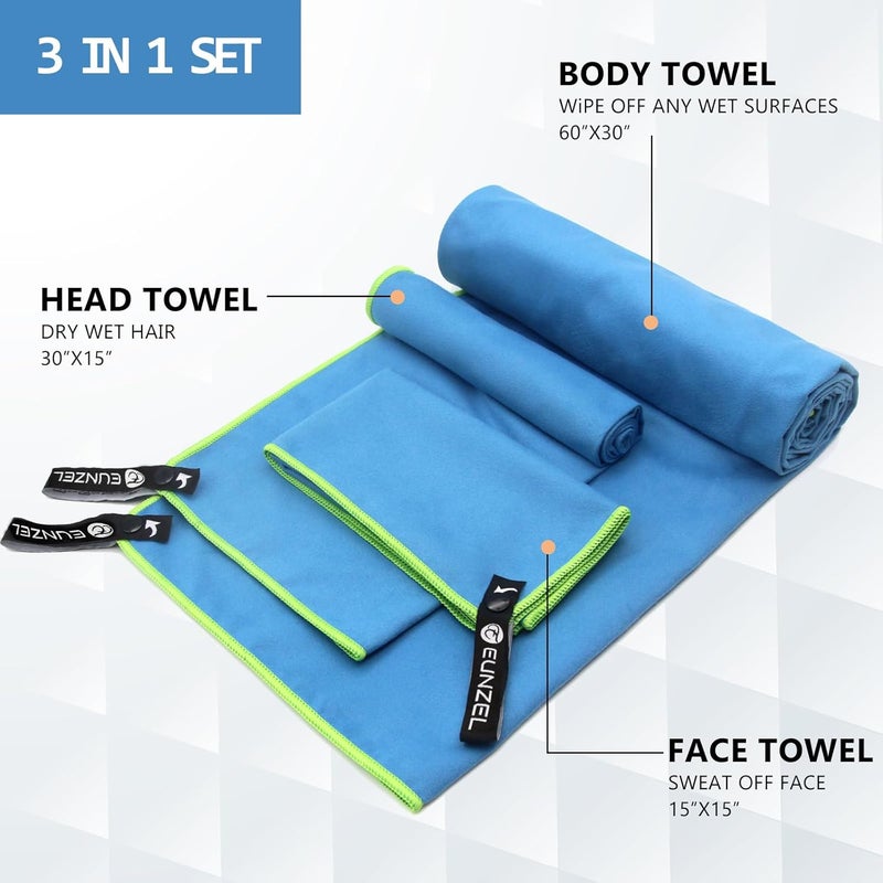 Eunzel Quick Dry Camping Towel, Microfiber Travel Towel 3 Size at 1 Pack,Fast Drying Towel Set for Camping, Beach, Gym, Sports, Yoga & Swimming Pool, Blue - Image 2